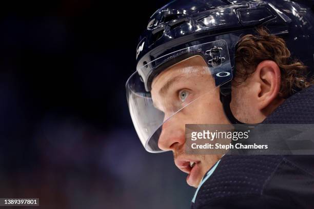 Jamie Oleksiak of the Seattle Kraken looks on against the Dallas Stars during the first period at Climate Pledge Arena on April 03, 2022 in Seattle,...