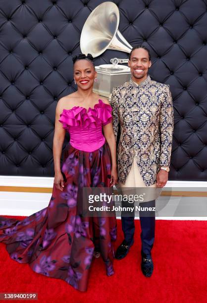 Nnenna Freelon and Pierce Freelon attends the 64th Annual GRAMMY Awards at MGM Grand Garden Arena on April 03, 2022 in Las Vegas, Nevada.