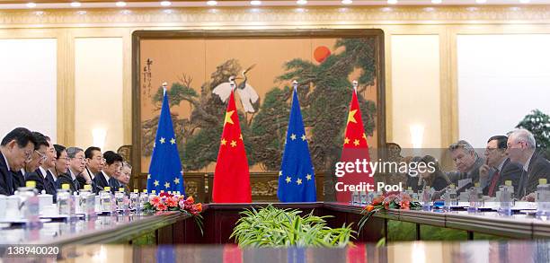 European Commission President Jose Manuel Barroso , and European Council President Herman Van Rompuy hold talks with Chinese Premier Wen Jiabao at...