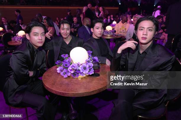 Hope, Jungkook, and Jin of BTS attend the 64th Annual GRAMMY Awards at MGM Grand Garden Arena on April 03, 2022 in Las Vegas, Nevada.