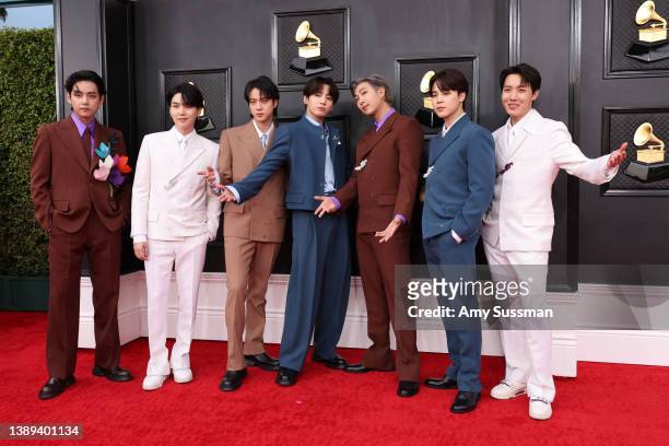 Suga, Jin, Jungkook, RM, Jimin and J-Hope of BTS attends the 64th Annual GRAMMY Awards at MGM Grand Garden Arena on April 03, 2022 in Las Vegas,...