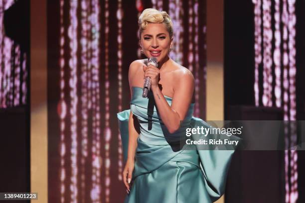 Lady Gaga performs onstage during the 64th Annual GRAMMY Awards at MGM Grand Garden Arena on April 03, 2022 in Las Vegas, Nevada.