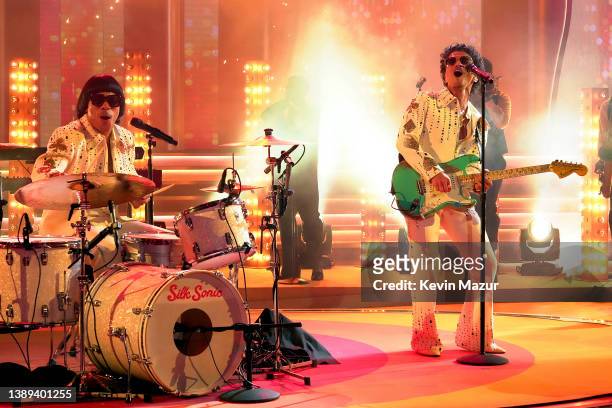 Bruno Mars of Silk Sonic performs onstage during the 64th Annual GRAMMY Awards at MGM Grand Garden Arena on April 03, 2022 in Las Vegas, Nevada.