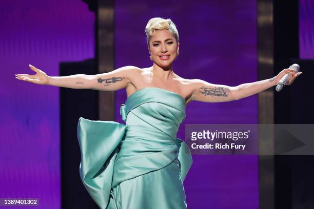 Lady Gaga performs onstage during the 64th Annual GRAMMY Awards at MGM Grand Garden Arena on April 03, 2022 in Las Vegas, Nevada.