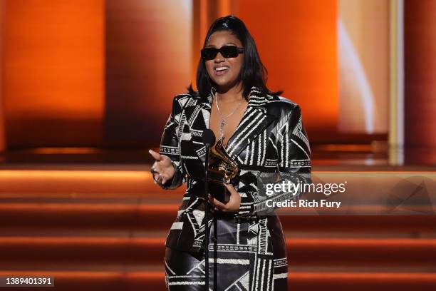 Jazmine Sullivan accepts the Best R&B Album award for ‘Heaux Tales’ onstage during the 64th Annual GRAMMY Awards at MGM Grand Garden Arena on April...