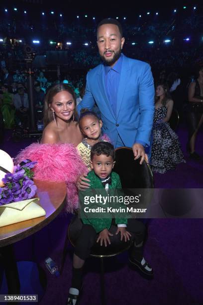 Chrissy Teigen, Luna Stephens, Miles Stephens, and John Legend attend the 64th Annual GRAMMY Awards at MGM Grand Garden Arena on April 03, 2022 in...