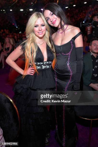 Avril Lavigne and Olivia Rodrigo attend the 64th Annual GRAMMY Awards at MGM Grand Garden Arena on April 03, 2022 in Las Vegas, Nevada.