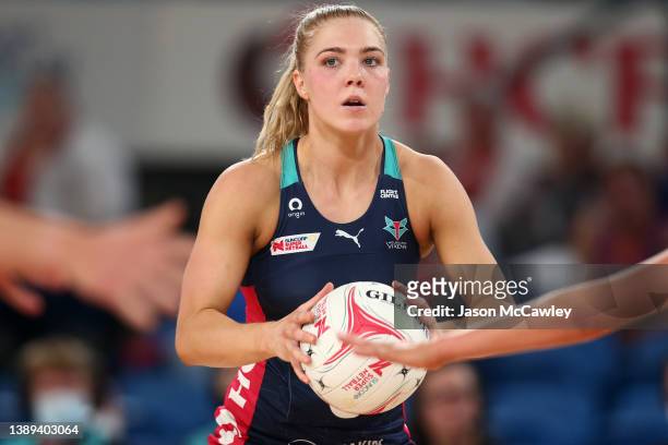 Kate Moloney of the Vixens looks to pass during the round two Super Netball match between Sydney Swifts and Melbourne Vixens at Ken Rosewall Arena on...