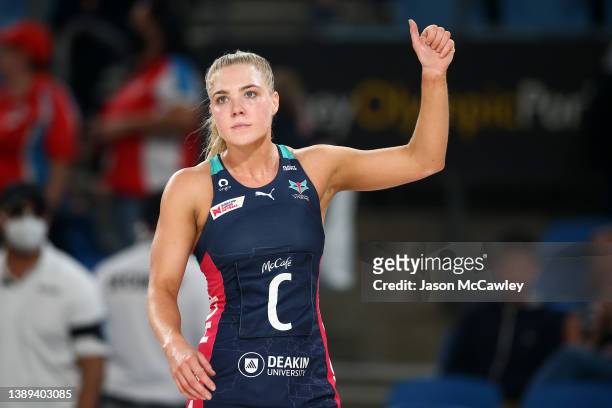 Kate Moloney of the Vixens celebrates victory during the round two Super Netball match between Sydney Swifts and Melbourne Vixens at Ken Rosewall...