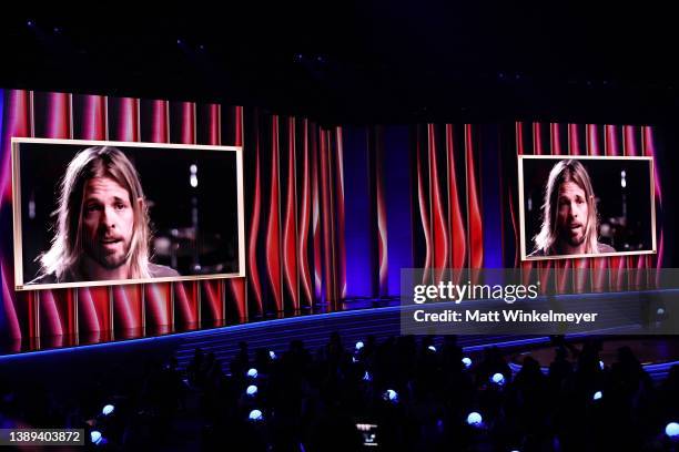 Drummer Taylor Hawkins is remembered with a tribute during the 64th Annual GRAMMY Awards at MGM Grand Garden Arena on April 03, 2022 in Las Vegas,...