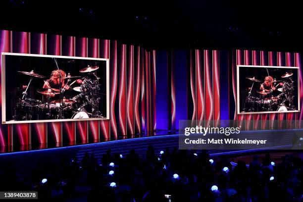 Drummer Taylor Hawkins is remembered with a tribute during the 64th Annual GRAMMY Awards at MGM Grand Garden Arena on April 03, 2022 in Las Vegas,...