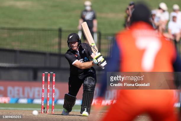 Martin Guptill of New Zealand plays a shot during the third and final one-day international cricket match between the New Zealand and the Netherlands...
