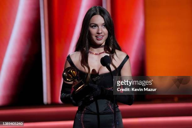 Olivia Rodrigo accepts the Best Pop Vocal Album award for ‘Sour’ onstage during the 64th Annual GRAMMY Awards at MGM Grand Garden Arena on April 03,...