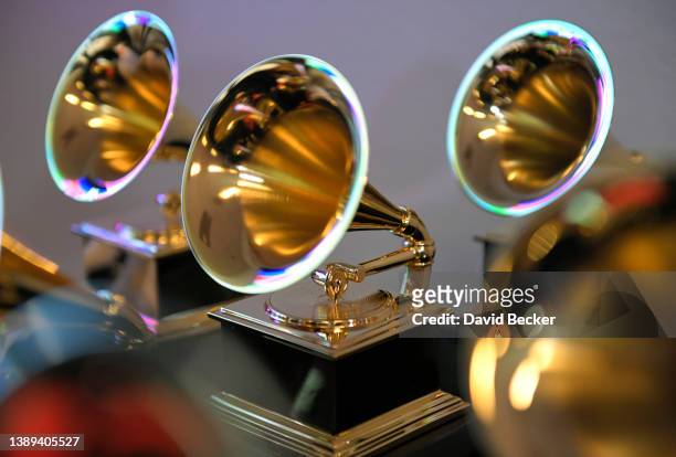 Grammy trophies sit in the press room during the 64th Annual GRAMMY Awards at MGM Grand Garden Arena on April 03, 2022 in Las Vegas, Nevada.