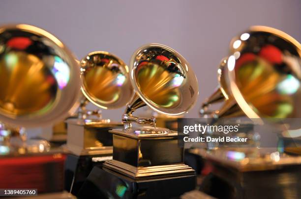 Grammy trophies sit in the press room during the 64th Annual GRAMMY Awards at MGM Grand Garden Arena on April 03, 2022 in Las Vegas, Nevada.