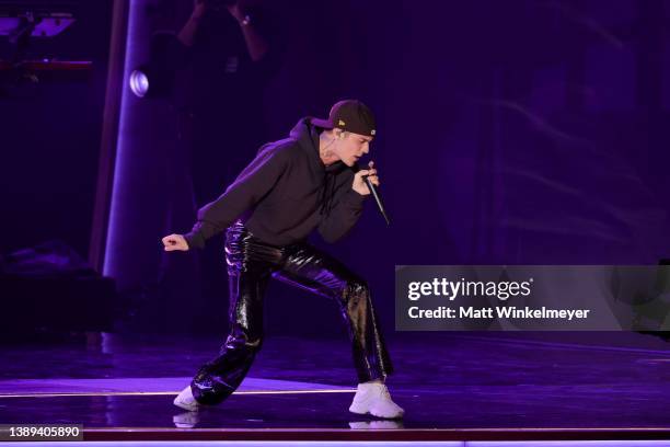 Justin Bieber performs onstage during the 64th Annual GRAMMY Awards at MGM Grand Garden Arena on April 03, 2022 in Las Vegas, Nevada.