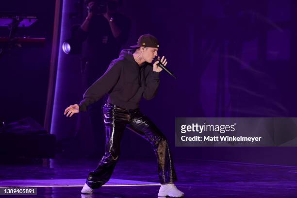 Justin Bieber performs onstage during the 64th Annual GRAMMY Awards at MGM Grand Garden Arena on April 03, 2022 in Las Vegas, Nevada.