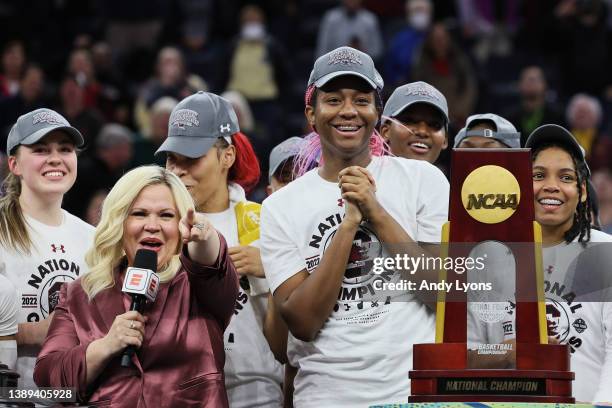 Aliyah Boston of the South Carolina Gamecocks reacts during the national championship trophy presentation after defeating the UConn Huskies 64-49...