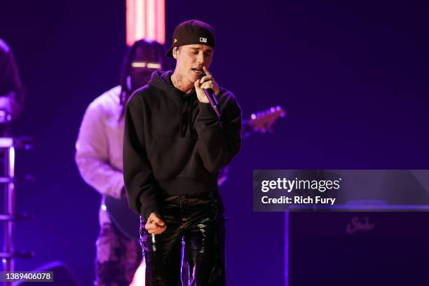 Justin Bieber performs onstage during the 64th Annual GRAMMY Awards at MGM Grand Garden Arena on April 03, 2022 in Las Vegas, Nevada.