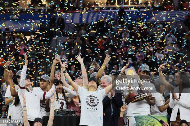 Head coach Dawn Staley of the South Carolina Gamecocks reacts during the national championship trophy presentation after defeating the UConn Huskies...