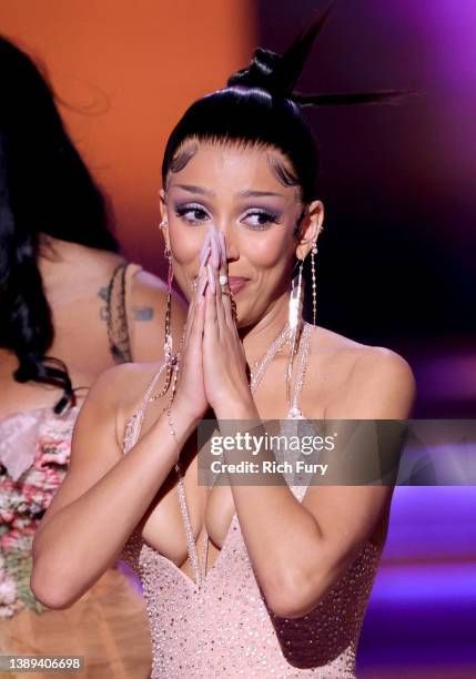 Doja Cat accepts the Best Pop Duo/Group Performance award for ‘Kiss Me More’ onstage during the 64th Annual GRAMMY Awards at MGM Grand Garden Arena...