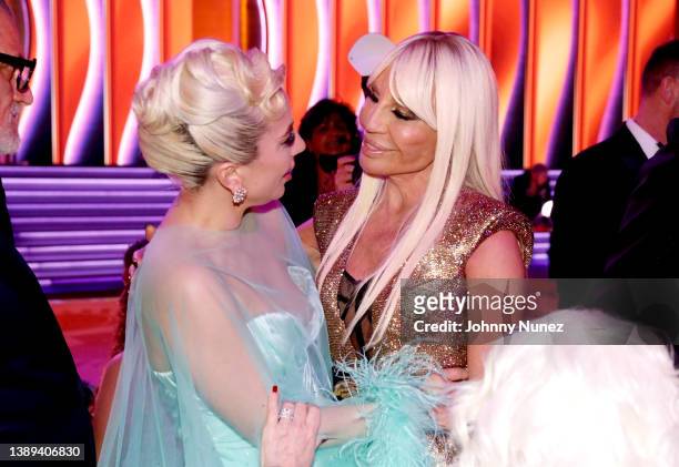 Lady Gaga and Donatella Versace during the 64th Annual GRAMMY Awards at MGM Grand Garden Arena on April 03, 2022 in Las Vegas, Nevada.