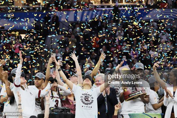 Head coach Dawn Staley of the South Carolina Gamecocks reacts during the national championship trophy presentation after defeating the UConn Huskies...