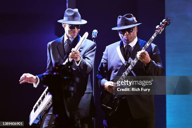 Jimmy Jam and Terry Lewis perform onstage during the 64th Annual GRAMMY Awards at MGM Grand Garden Arena on April 03, 2022 in Las Vegas, Nevada.