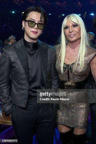 Jimin of BTS and Donatella Versace pose during the 64th Annual GRAMMY Awards at MGM Grand Garden Arena on April 03, 2022 in Las Vegas, Nevada.