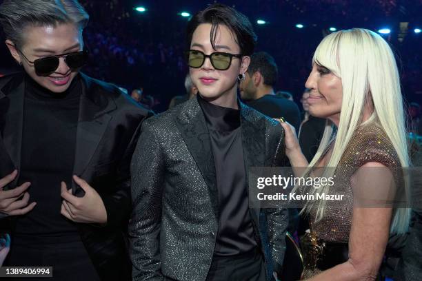 And Jimin of BTS and Donatella Versace pose during the 64th Annual GRAMMY Awards at MGM Grand Garden Arena on April 03, 2022 in Las Vegas, Nevada.