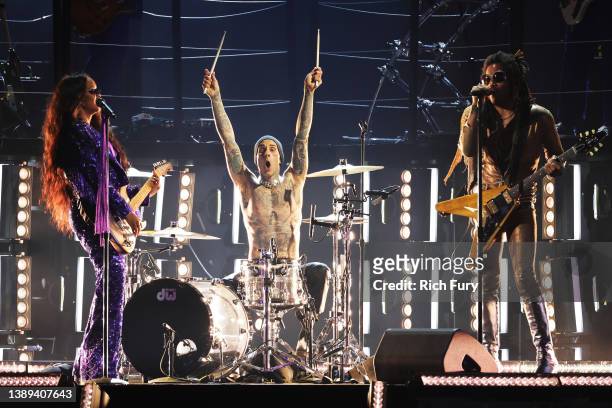 Travis Barker, and Lenny Kravitz perform onstage during the 64th Annual GRAMMY Awards at MGM Grand Garden Arena on April 03, 2022 in Las Vegas,...