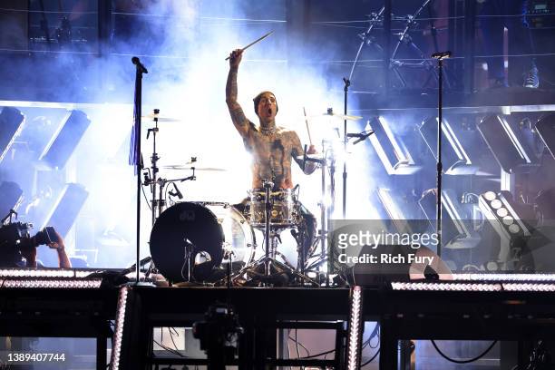 Travis Barker performs onstage during the 64th Annual GRAMMY Awards at MGM Grand Garden Arena on April 03, 2022 in Las Vegas, Nevada.