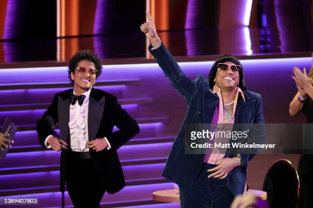 Bruno Mars and Anderson .Paak accept the award for Record of the Year for "Leave the Door Open" onstage during the 64th Annual GRAMMY Awards at MGM...