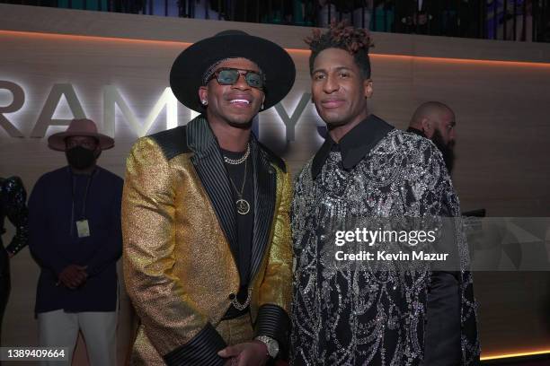 Jimmie Allen and Jon Batiste attend the 64th Annual GRAMMY Awards at MGM Grand Garden Arena on April 03, 2022 in Las Vegas, Nevada.