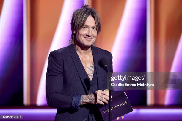 Keith Urban speaks onstage during the 64th Annual GRAMMY Awards at MGM Grand Garden Arena on April 03, 2022 in Las Vegas, Nevada.