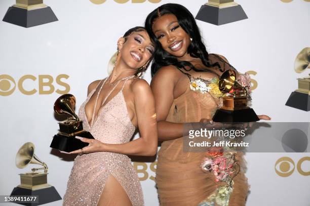 Doja Cat and SZA, winners of Best Pop Duo Group Performance for "Kiss Me More", pose in the press room during the 64th Annual GRAMMY Awards at MGM...