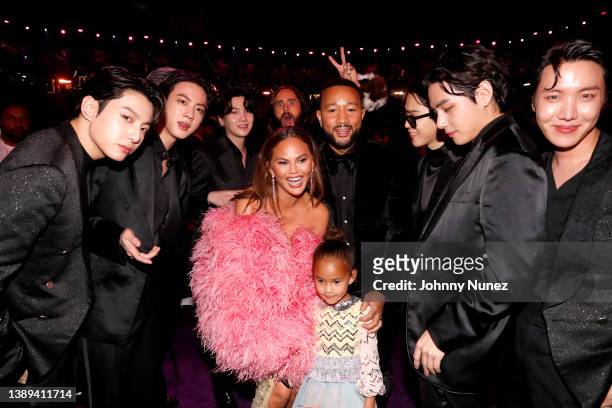 Jungkook, Jin, Suga, Jared Leto, Chrissy Teigen, Luna Simone Stephens, John Legend, Jimin, V, and J-Hope during the 64th Annual GRAMMY Awards at MGM...