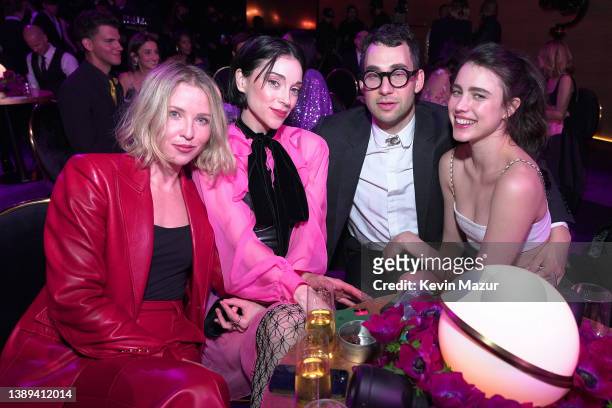 St. Vincent, Jack Antonoff, and Margaret Qualley attend the 64th Annual GRAMMY Awards at MGM Grand Garden Arena on April 03, 2022 in Las Vegas,...