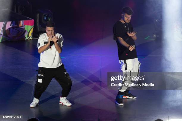 Spanish duo Adexe y Nau perform during a concert at Auditorio Nacional on April 3, 2022 in Mexico City, Mexico.