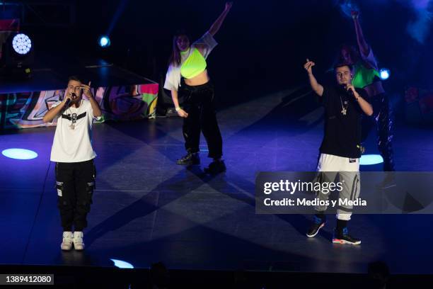 Spanish duo Adexe y Nau perform during a concert at Auditorio Nacional on April 3, 2022 in Mexico City, Mexico.