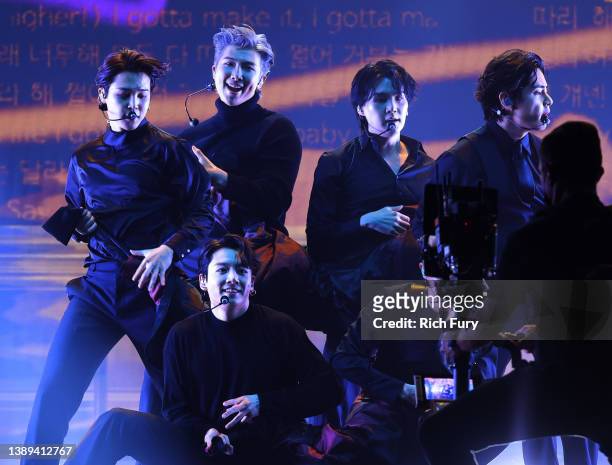 Jimin, Jungkook, RM, Suga and V of BTS perform onstage during the 64th Annual GRAMMY Awards at MGM Grand Garden Arena on April 03, 2022 in Las Vegas,...