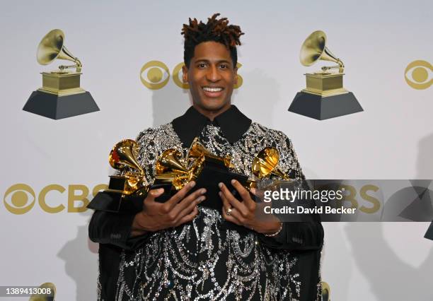 Jon Batiste winner of best American roots performance, best American roots song, best music video and best score soundtrack for visual media poses in...