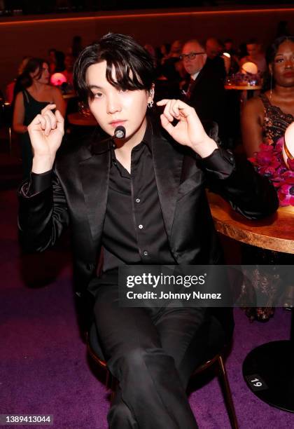 Suga of BTS attends the 64th Annual GRAMMY Awards at MGM Grand Garden Arena on April 03, 2022 in Las Vegas, Nevada.
