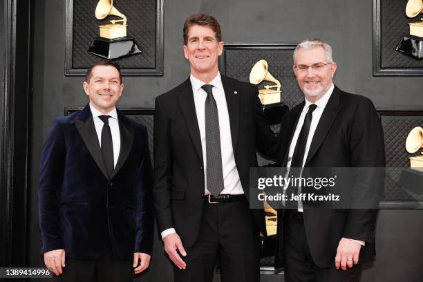 Doug Besterman, Cinco Paul, and Scott M. Riesett attend the 64th Annual GRAMMY Awards at MGM Grand Garden Arena on April 03, 2022 in Las Vegas,...