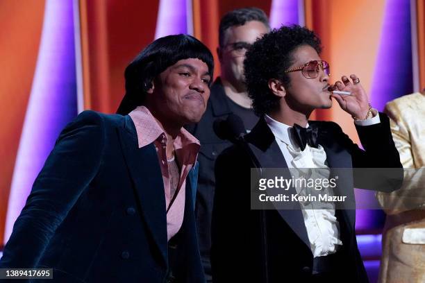 Anderson .Paak and Bruno Mars accept Record Of The Year award for Silk Sonic's ‘Leave The Door Open’ onstage during the 64th Annual GRAMMY Awards at...
