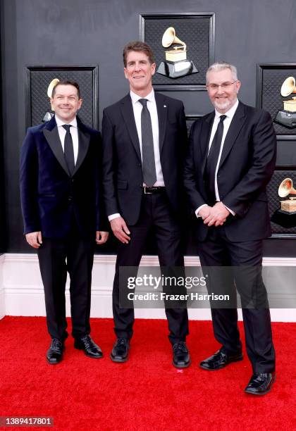 Doug Besterman, Cinco Paul, and ​Scott M. Rieset attend the 64th Annual GRAMMY Awards at MGM Grand Garden Arena on April 03, 2022 in Las Vegas,...