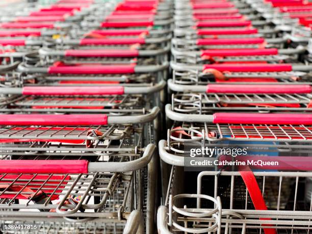 rows of parked grocery shopping carts - consumer confidence stock pictures, royalty-free photos & images