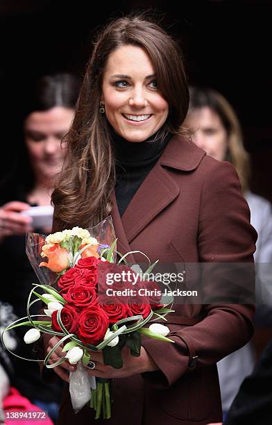 Catherine, Duchess of Cambridge smiles as she visits Alder Hey Children's NHS Foundation Trust on February 14, 2012 in Liverpool, England. The...