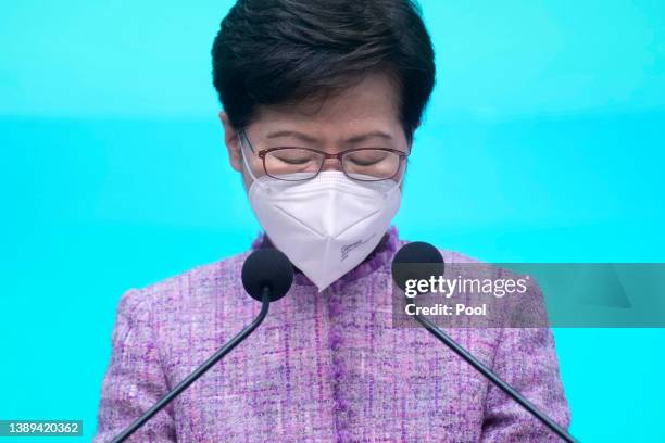 Hong Kong Chief Executive Carrie Lam pauses during a news conference on April 04, 2022 in Hong Kong, China. Hong Kong leader Carrie Lam, who survived...