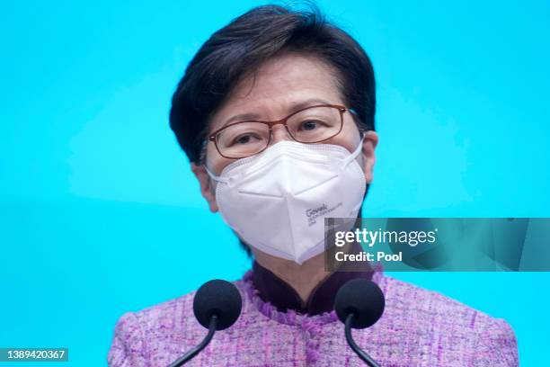 Hong Kong Chief Executive Carrie Lam pauses during a news conference on April 04, 2022 in Hong Kong, China. Hong Kong leader Carrie Lam, who survived...